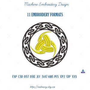 May include: A machine embroidery design of a yellow Celtic knot with a black border. The design is available in 11 embroidery formats: EXP, CSD, DST, DSB, JEF, SHV, HUS, PES, VP3, VIP, and XXX.