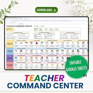 Pode incluir: Um modelo digital do Teacher Command Center, exibido na tela de um tablet. A planilha é organizada com seções para currículo, planejamento de aulas e informações do aluno. As palavras "DOWNLOAD" e "EDITABLE GOOGLE SHEETS" são visíveis.