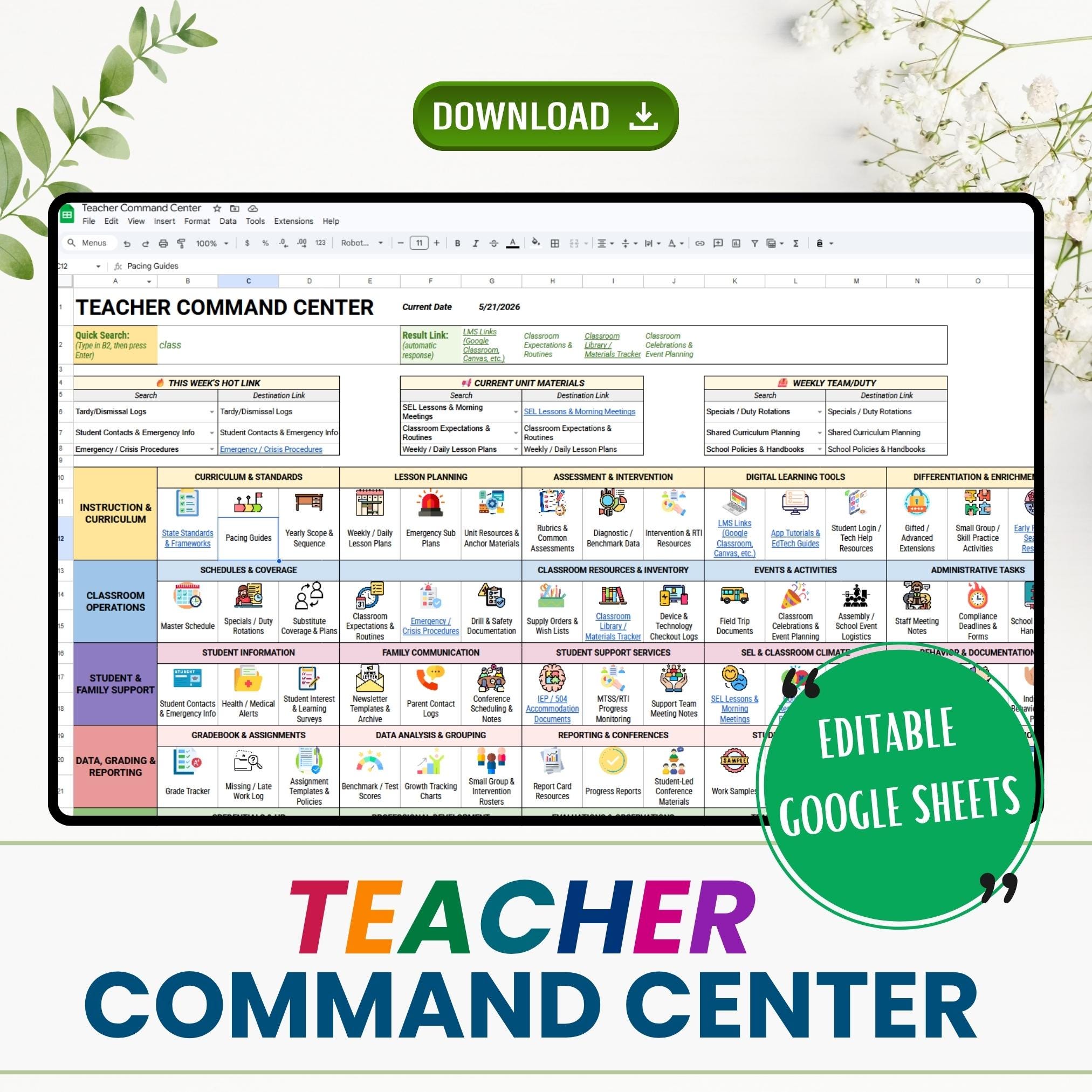 Teacher Command Center, Editable Google Sheets Classroom Link Hub ...