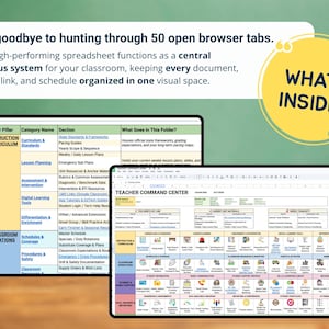 May include: Two digital displays show a spreadsheet interface with the text "Say goodbye to hunting through 50 open browser tabs." The spreadsheet is organized with categories and sections, including "Instruction & Curriculum" and "Classroom Operations."