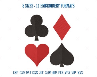 May include: Machine embroidery design of four playing card suits: a black club, a red diamond, a red heart, and a black spade. The design is available in 8 sizes and 11 embroidery formats. The text "EXP CSD DST DSB JEF SHV HUS PES VP3 VIP XXX" is displayed below the design.