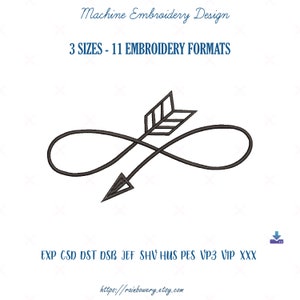 May include: A black and white embroidery design of an arrow going through an infinity symbol. The design is available in 3 sizes and 11 embroidery formats. The text "EXP CSD DST DSB JEF SHV HUS PES VP3 VIP XXX" is below the design.