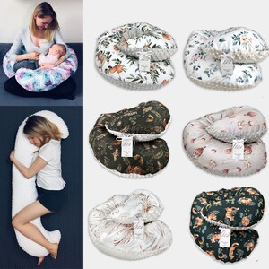 Pode incluir: Uma cole&ccedil;&atilde;o de almofadas de amamenta&ccedil;&atilde;o em forma de C e almofadas corporais longas com v&aacute;rios padr&otilde;es de tecido, incluindo designs florais, de animais da floresta e bot&acirc;nicos. Cada almofada tem um lado de tecido minky texturizado e uma etiqueta.