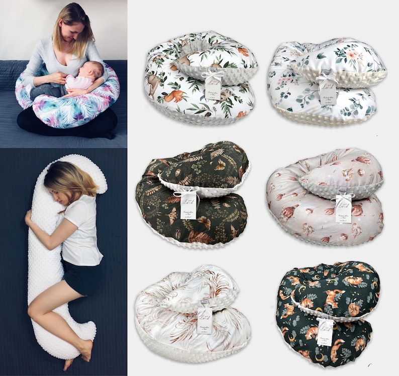 Pode incluir: Uma cole&ccedil;&atilde;o de almofadas de amamenta&ccedil;&atilde;o em forma de C e almofadas corporais longas com v&aacute;rios padr&otilde;es de tecido, incluindo designs florais, de animais da floresta e bot&acirc;nicos. Cada almofada tem um lado de tecido minky texturizado e uma etiqueta.