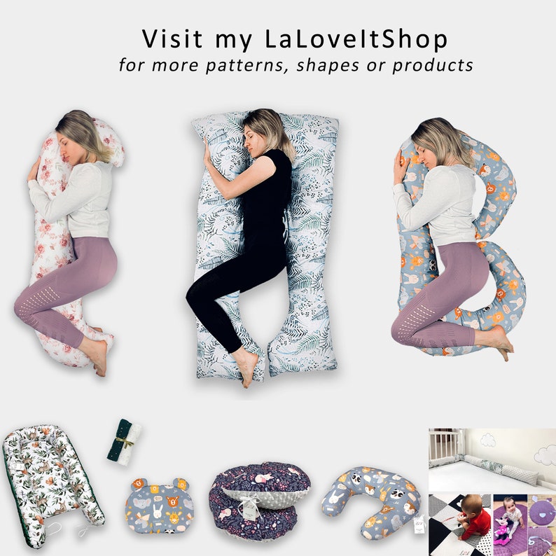 May include: A set of pregnancy pillows in various shapes and patterns, including a full-body pillow, a U-shaped pillow, and a donut pillow. The pillows are shown in different positions, with models demonstrating how to use them for support and comfort during pregnancy.