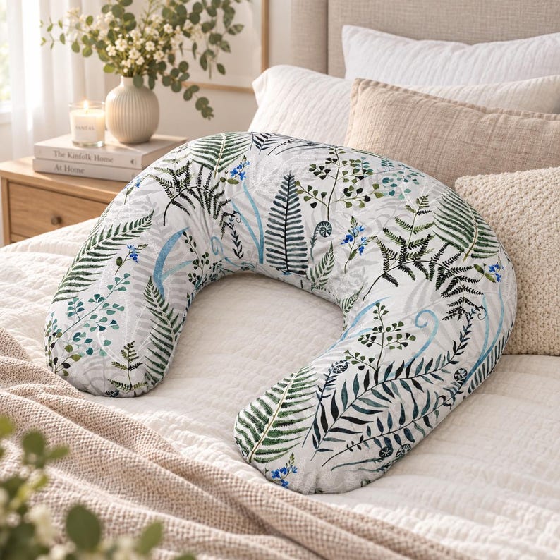 May include: A C-shaped nursing pillow featuring a white fabric cover with a botanical print of green fern leaves and small blue flowers. The pillow has a curved, ergonomic design intended for support, with a consistent pattern across the surface.