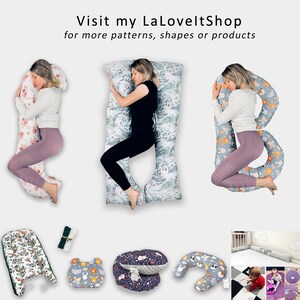 May include: A set of pregnancy pillows in various shapes and patterns, including a full-body pillow, a U-shaped pillow, and a donut pillow. The pillows are shown in different positions, with models demonstrating how to use them for support and comfort during pregnancy.