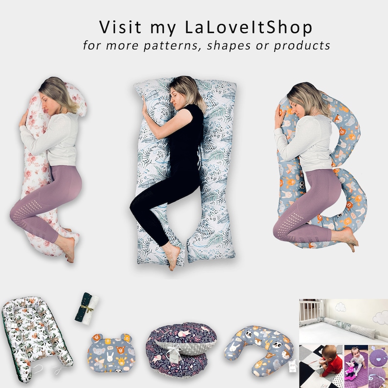 May include: A set of pregnancy pillows in various shapes and patterns, including a full-body pillow, a U-shaped pillow, and a donut pillow. The pillows are shown in different positions, with models demonstrating how to use them for support and comfort during pregnancy.