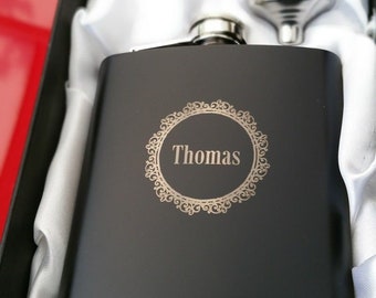 Personalised Name Engraved 6oz Hip Flask . Birthday Boyfriend Dad Father Valentines Gift Present Drink Drinking Alcohol