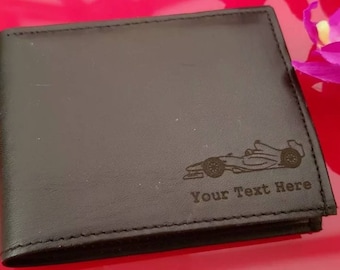 Cartera de coches de Fórmula Racing.  Grabado con tu propio texto. Caja de regalo disponible.