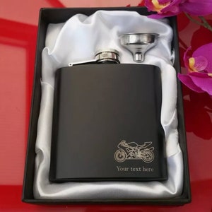Motorbike personalised flask with your own text and gift box