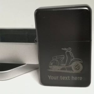 Scooter personalised lighter with your own text and gift tin.