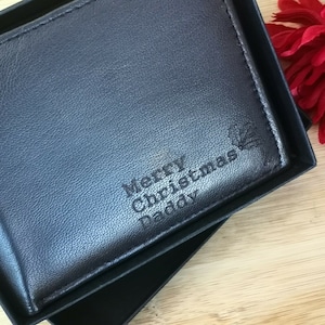 Carteira de natal personalizada + caixa de presente couro genuíno gravado a laser moeda bolso bolsa natal dos homens filho papai irmãos avô