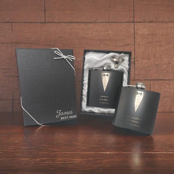 Personalised Stainless Steel 6oz Hip Flasks In A Black Lined Satin Gift Box Funnel (Design 2 - Foto 3