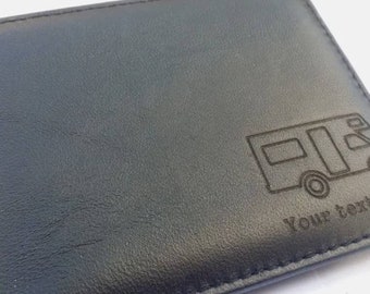 Personalised Motorhome Leather Wallet.  Engraved with your own text. Gift box available.