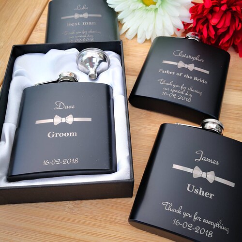 Personalised Engraved Black Wedding Hip Flask Best Man Usher Groom Gifts 