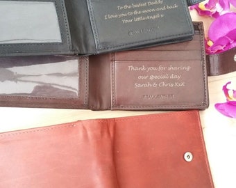 May include: Three brown leather wallets with personalized engravings. The top wallet has the text "To the bestest Daddy I love you to the moon and back Your little Angel x REAL LEATHER". The middle wallet has the text "Thank you for sharing our special day Sarah & Chris XxX REAL LEATHER". The bottom wallet has the initials "G.C" engraved on the front.