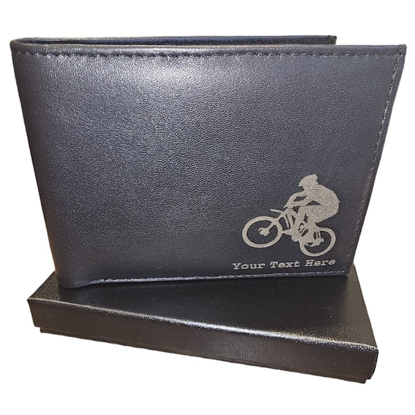 Personalisierte Mountainbike Geldbörse aus Leder. Graviert mit Ihrem eigenen Text. Geschenkbox erhältlich.