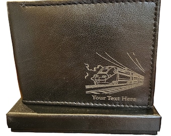 Cartera Tren/Ferrocarril personalizada. Grabado con tu propio texto. Caja de regalo disponible.