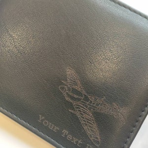 Personalised Fighter Plane, Air Force leather wallet.   Engraved with your own text. Gift box available.