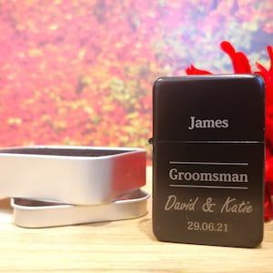 Personalised Wedding Gift Lighter + GIFT TIN + Reverse Side Engraving for Best Man Usher Groomsman Father of the Bride Groom Dad Brother