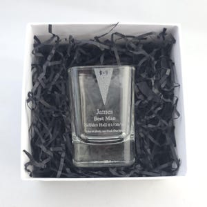 Engraved Wedding Shot Glass + Customised Gift Box (Tumbler Flask Groom Stag Do Day Party Celebration Presents Gifts Groomsman Alcohol Usher)