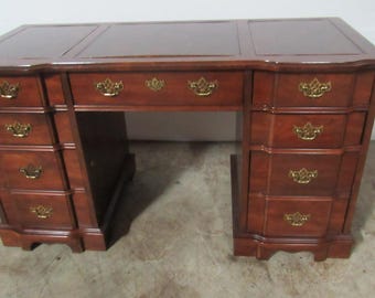 Vintage Mahogany Leather Executive Desk Chippendale Block-Front