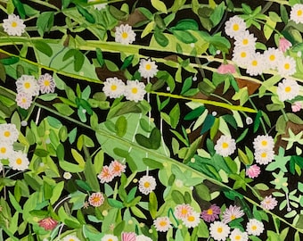 Op de afbeelding: Een schilderij van een veld met witte madeliefjes met groene bladeren en stengels op een zwarte achtergrond.