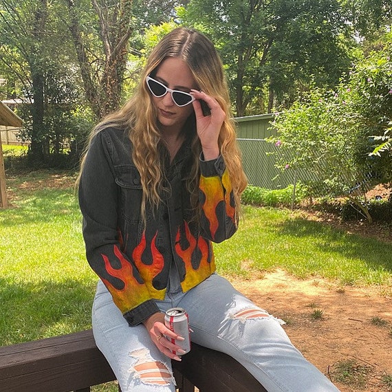 Fire flame painted black cropped denim jacket size men s S