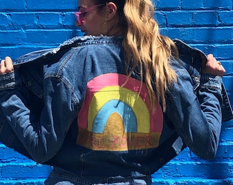 Girl Power - Rainbow - Hand Painted - Cropped - Denim Jacket - M/L