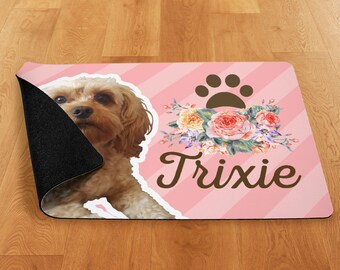 Pet Photo and Name on a Mat – Pink Floral 12" x 18", custom pet mat, dog bowl mat, dog feeding mat, custom pet gift