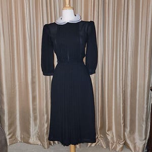 vintage tied stand collar long sleeve pleated black chiffon dress Vintage Black Chiffon Dress
