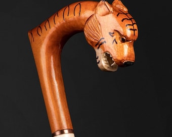 Fashionable Walking Cane For Men, Tiger Fancy Hand Carved, Designer Wooden Sticks Stylish Handle Painted