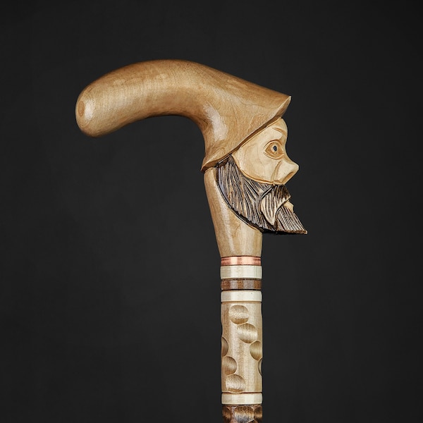 Canne d'art populaire antique, bâton de marche, drôles de vieillards sculptés à la main