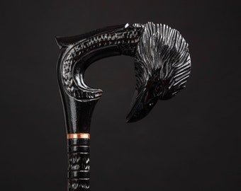Hand-Carved Wooden Raven Walking Cane with Crow Design for Decorative Bird-themed Walking Stick