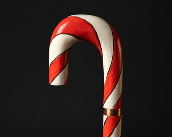 Wooden Candy Walking Cane Christmas, Hand Painted Red White