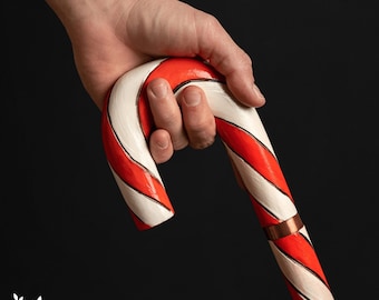 Wooden Candy Walking Cane Christmas, Hand Painted Red White