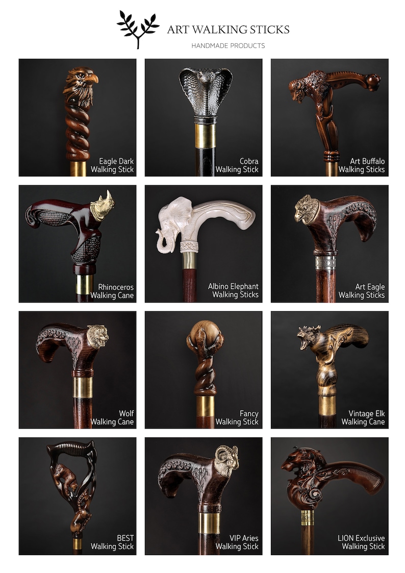Puede incluir: Una colecci&oacute;n de bastones de madera tallados intrincadamente con dise&ntilde;os de cabezas de animales. Los bastones presentan varios animales, incluyendo un &aacute;guila, una cobra, un b&uacute;falo, un rinoceronte, un elefante, un lobo, un alce, un carnero y un le&oacute;n. Los bastones est&aacute;n todos hechos a mano y tienen un acabado pulido.