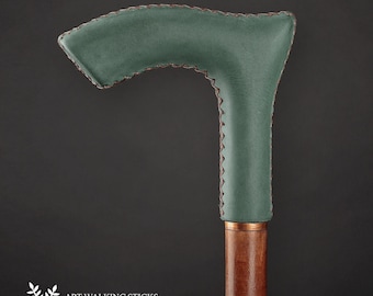 LEATHER Green Walking Stick Handle Wood Walking Cane for Women Elegant Brown