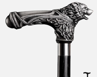 Ĺuxury Wolf Head Walking Cane for for Men  – Hand Carved Oak, Bronze Handle