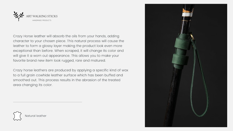 May include: A close-up of a walking stick with a dark wooden shaft and green leather accents. The stick features a green leather strap and a gold-colored ring. The text "ART WALKING STICKS" is visible.