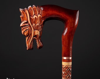 Red Dragon Head Walking Stick: Exquisitely Handcrafted Wooden Walking Cane
