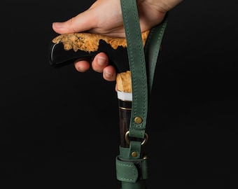 Leather Natural Walking Stick Wrist Cords - Green, Walking cane wrist strap