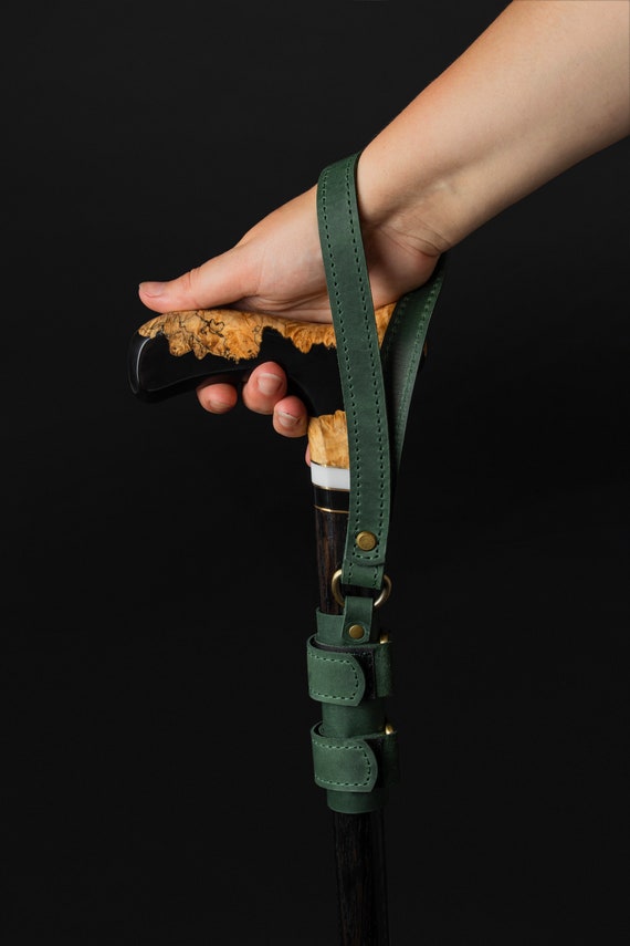 Leather Natural Walking Stick Wrist Cords - Green, Walking cane wrist strap