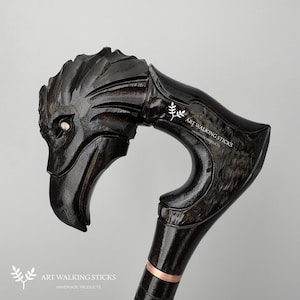 Black Raven Skull Walking Cane Hand-Carved Crow, Gothic Modern Style