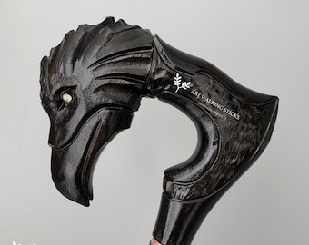 Black Raven Skull Walking Cane Hand-Carved Crow, Gothic Modern Style