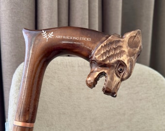 Fancy Wolf Walking Cane for Men Hand Carved Wolf Unique Handle Walking Stick