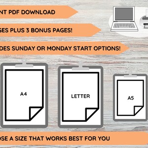 May include: A digital printable planner with three different paper size options: A4, Letter, and A5. The image shows a laptop and printer, indicating that the planner is a digital download.