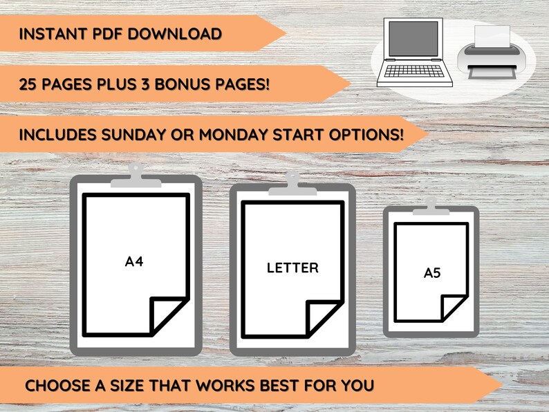 May include: A digital printable planner with three different paper size options: A4, Letter, and A5. The image shows a laptop and printer, indicating that the planner is a digital download.