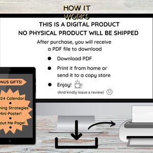 May include: A digital product listing on a computer screen with a description of how to download and print the product. The product includes a 2024 calendar, calming strategies, a mini-poster, and an about me page.